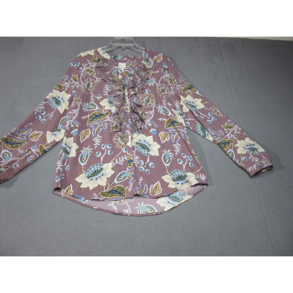 Chico's Blouse Womens 2 Purple Excellent Floral Pleated Ruffle V-Neck Boho